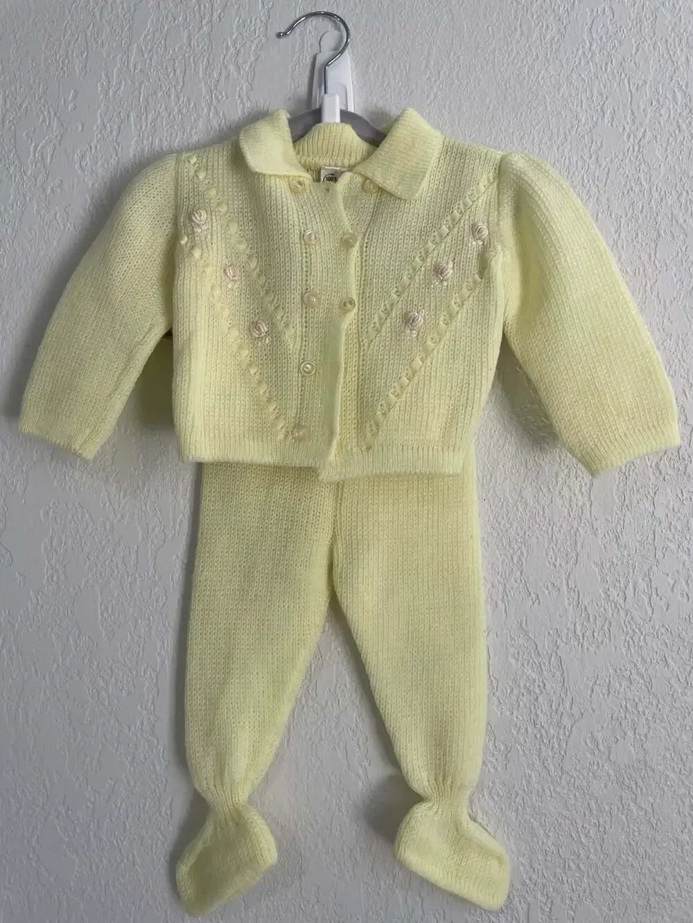 Vintage Yellow Knit Baby Sweater and Footed Pants Set with Floral Embroidery